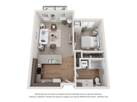 Floor plan for 1 bed, 1 bath, 722 sqft